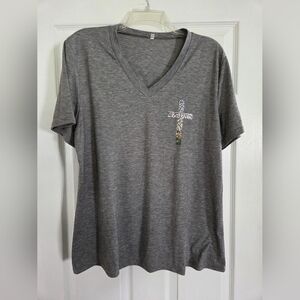 Women's Gray V-Neck Short Sleeve Tee with Cross Accent XL Fits Like L